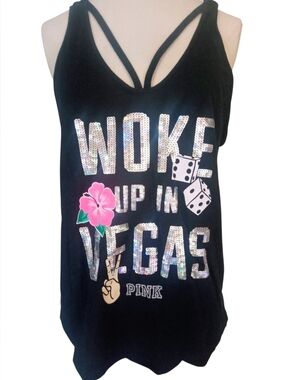Victoria's Secret PINK Tank Top Black Silver Sequined  "WOKE UP IN VEGAS" Size M